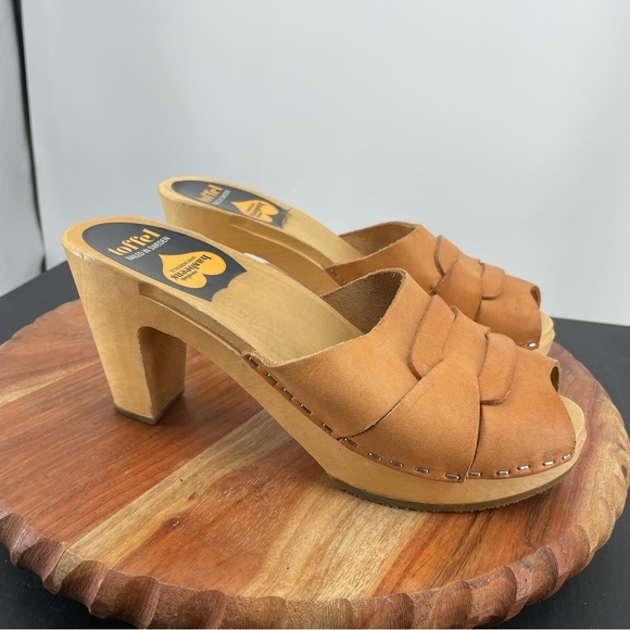 Swedish Hasbeens Peep-Toe Slip-On Sandals heels 39 US 9 tan leather Clogs mules - Picture 1 of 9